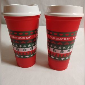 STARBUCKS REUSABLE HOT/COLD CHRISTMAS MOTIF 16 oz CUPS /W LIDS - NWOT (2 BUNDLE)